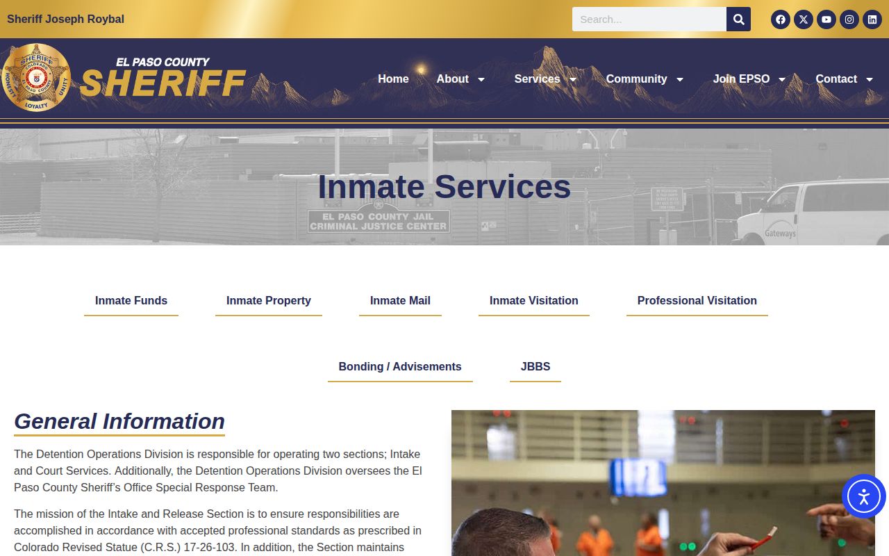 El Paso County Sheriff's Office inmate services page for jail and release-adjacent information