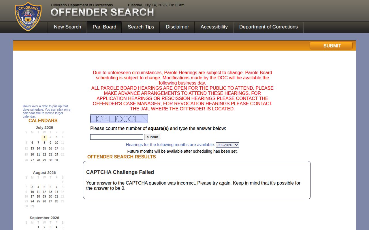 El Paso County parole hearing calendar in the CDOC offender search application